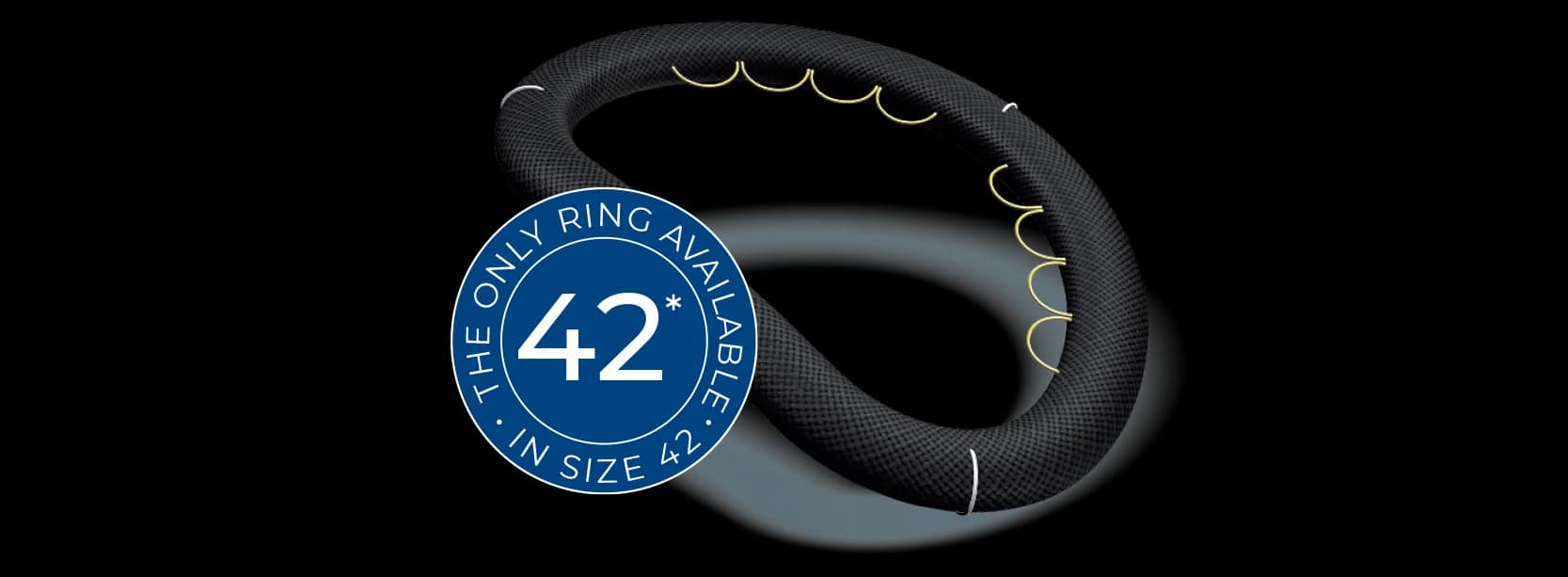 Memo 4D mitral annuloplasty ring with badge stating it is the only ring available in size 42 millimeters